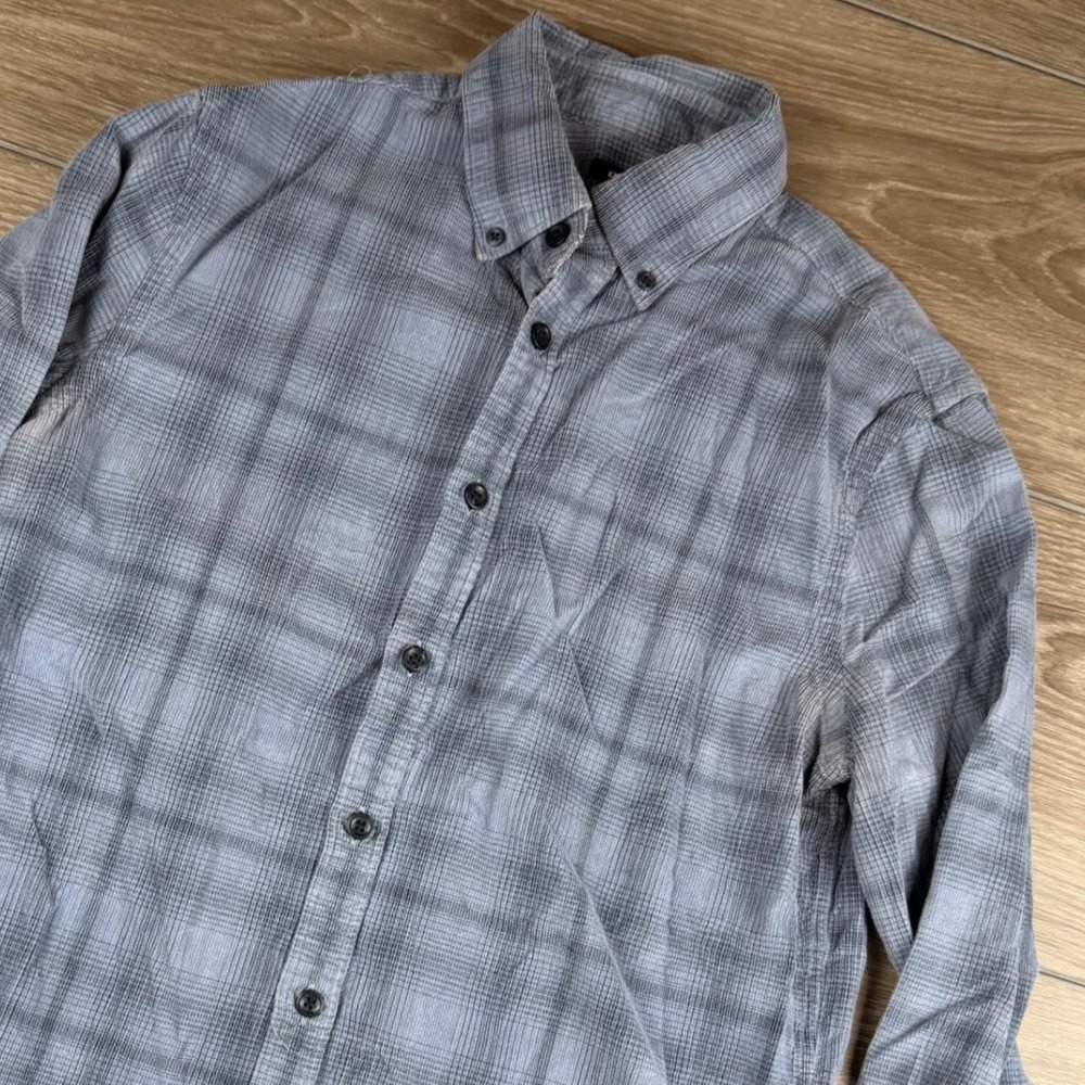 Express Mens Button Down Shirt Plaid Long Sleeve Blue Gray Small